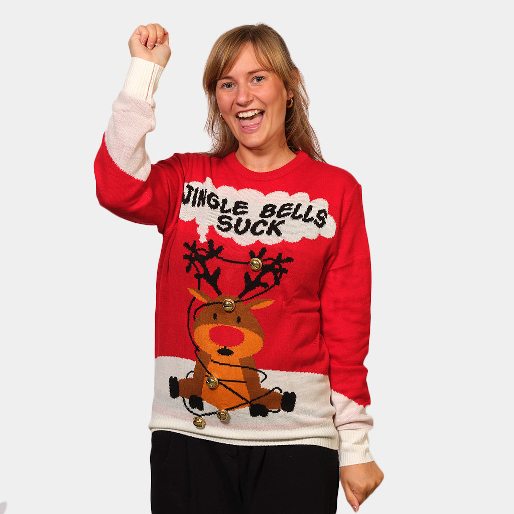 womens Red 3D Couple's Jingle Bells Suck Christmas Jumper