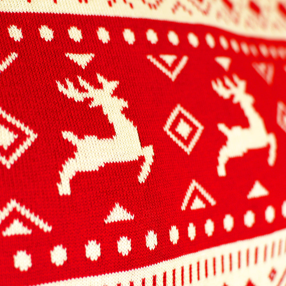 Red & Beige Organic Cotton Mens Christmas Jumper with Hearts Reindeer
