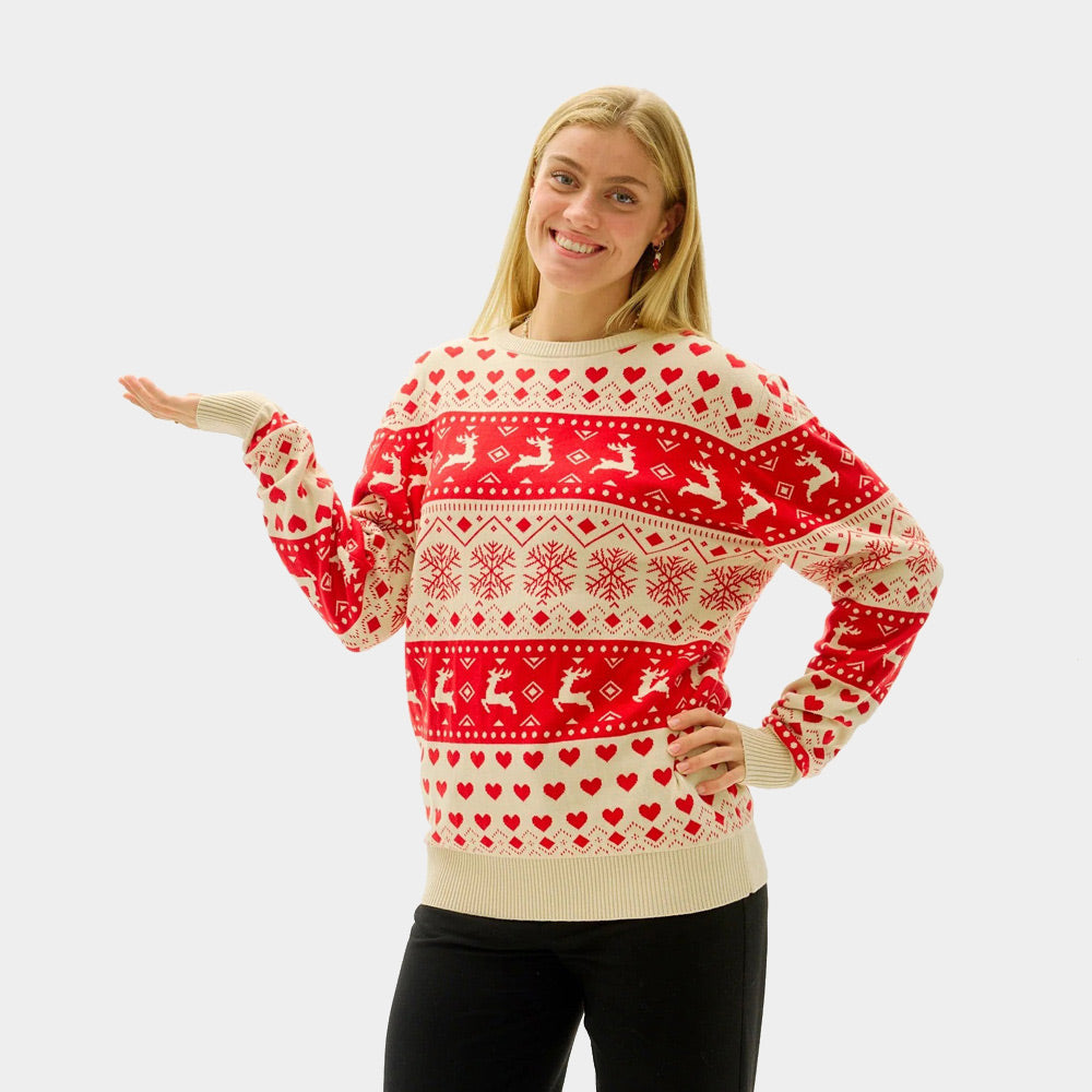 Red & Beige Organic Cotton Mens and Womens Christmas Jumper with Hearts
