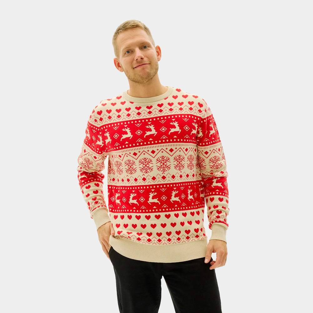 Red & Beige Organic Cotton Womens Christmas Jumper with Hearts Mens

