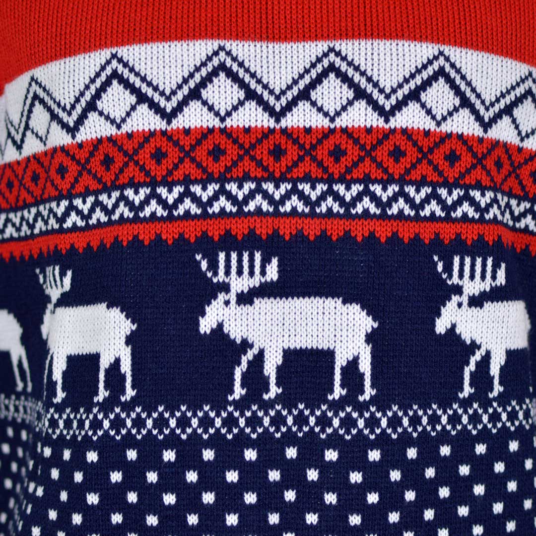 detail Red and Blue Couple's Christmas Jumper with Reindeers