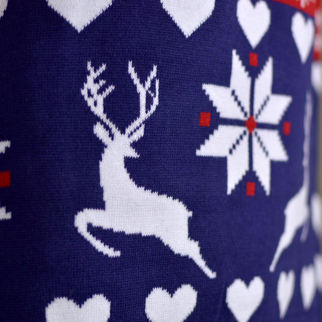 Red and Blue Couple's Christmas Jumper with Reindeers and Hearts detail