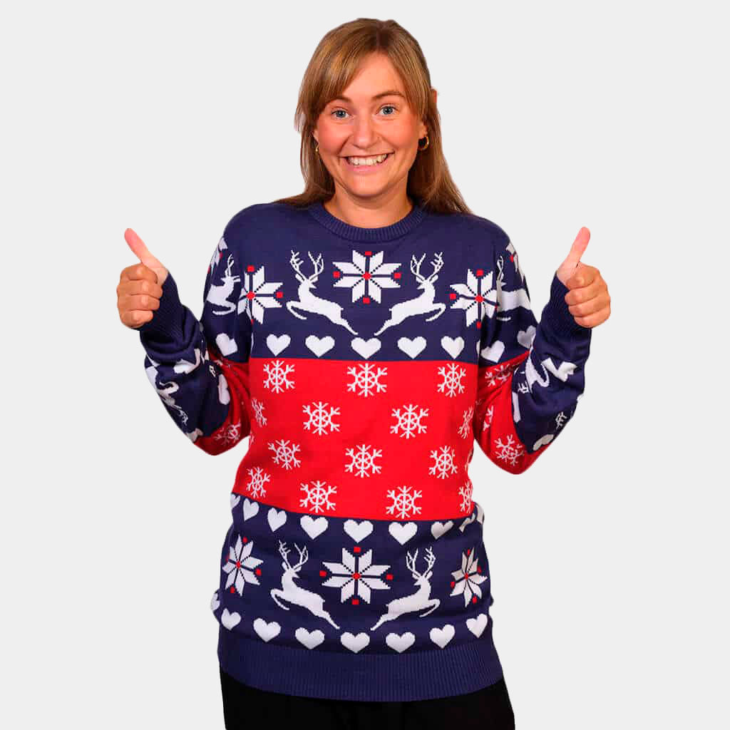 womens Red and Blue Couple's Christmas Jumper with Reindeers and Hearts