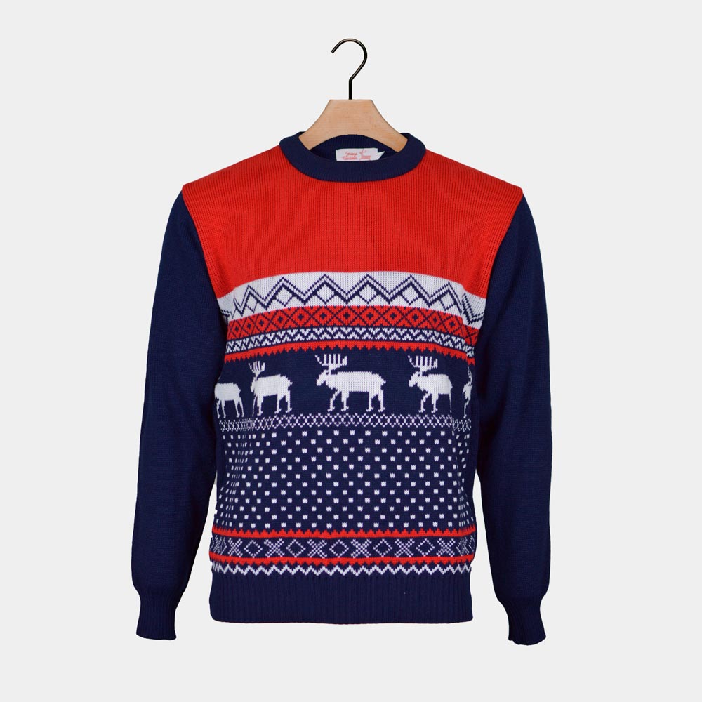 Red and Blue Couple's Christmas Jumper with Reindeers