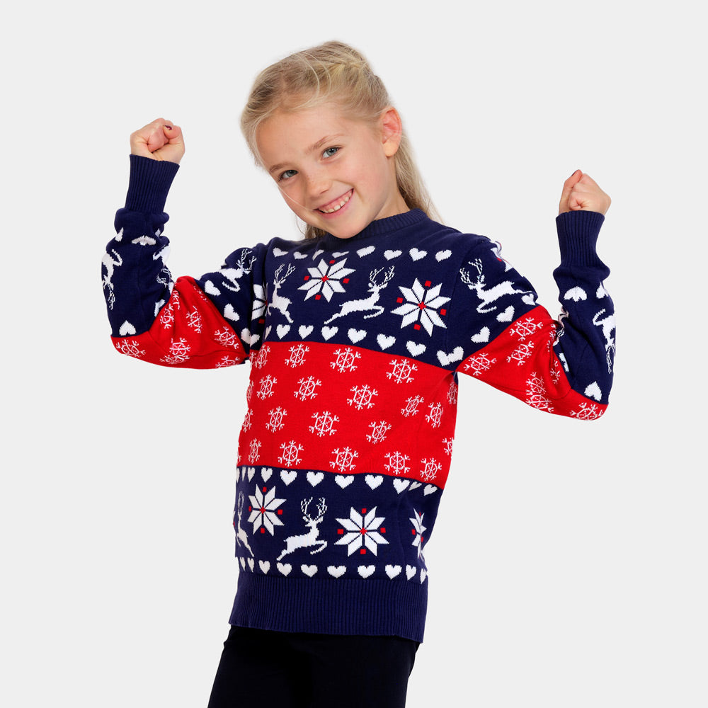 Red and Blue Boys and Girls Christmas Jumper with Reindeers and Hearts