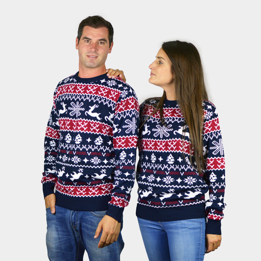 Red and Blue Strips Couple's Christmas Jumper