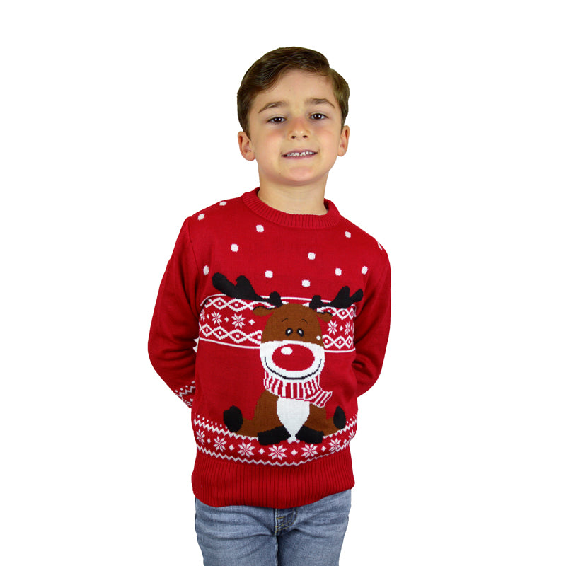 Red Boys Christmas Jumper with Rudolph the Happy Reindeer