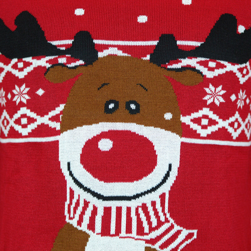 Red Boys and Girls Christmas Jumper with Rudolph the Happy Reindeer detail