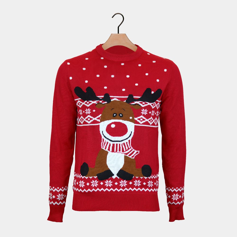 Red Boys and Girls Christmas Jumper with Rudolph the Happy Reindeer