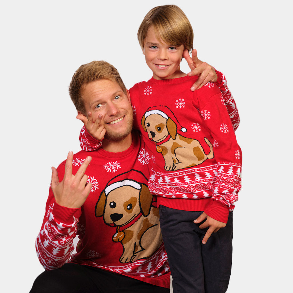 Mens Red Boys and Girls Christmas Jumper with Puppy