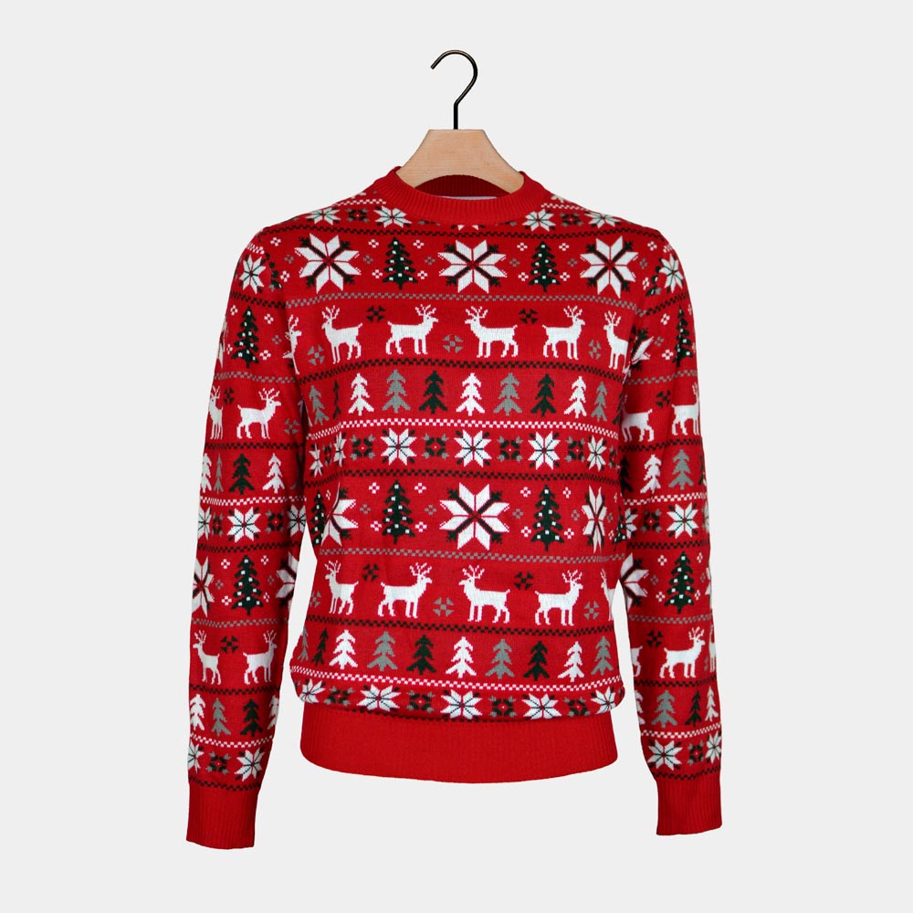 Red Couple's Christmas Jumper with Reindeers, Trees and Polar Star