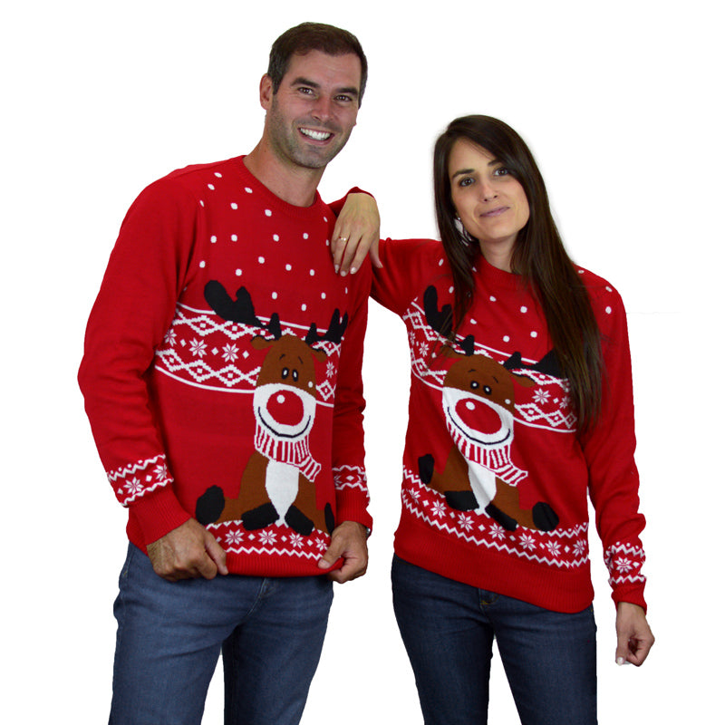 Red Christmas Jumper with Rudolph the Happy Reindeer couple