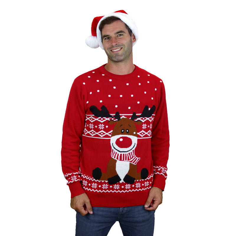 Red Christmas Jumper with Rudolph the Happy Reindeer mens