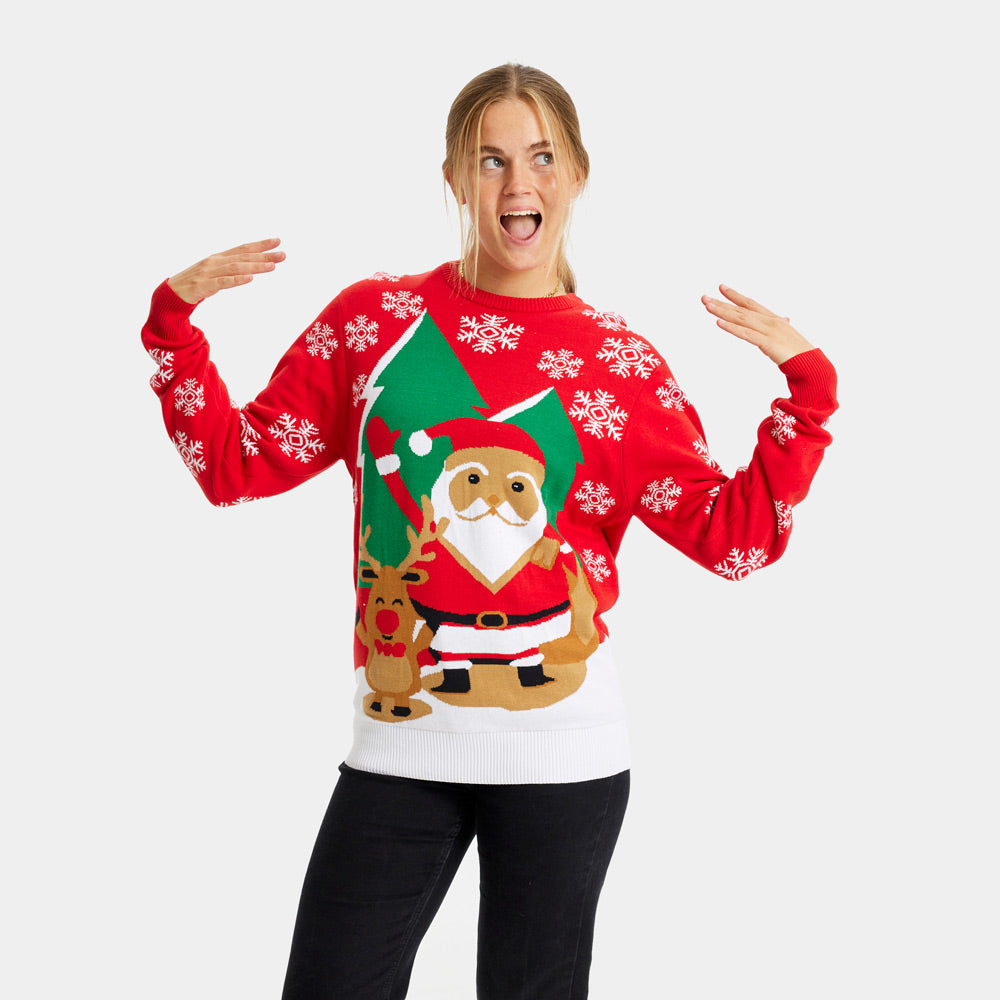 Red Women's Christmas Jumper with Santa and Reindeer Greeting