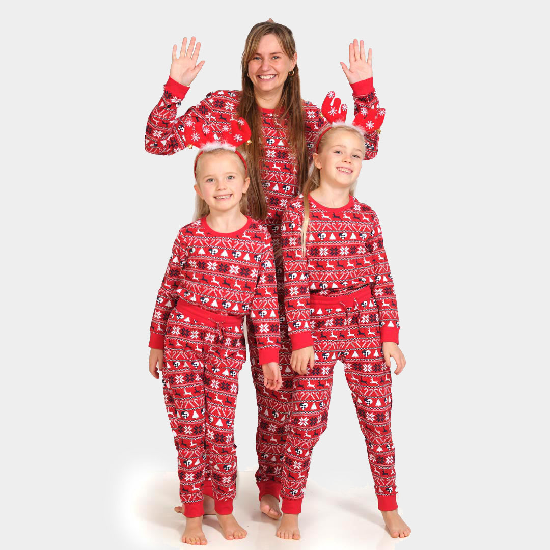 Red Christmas Pyjama for Children with Reindeer and Trees and Womens