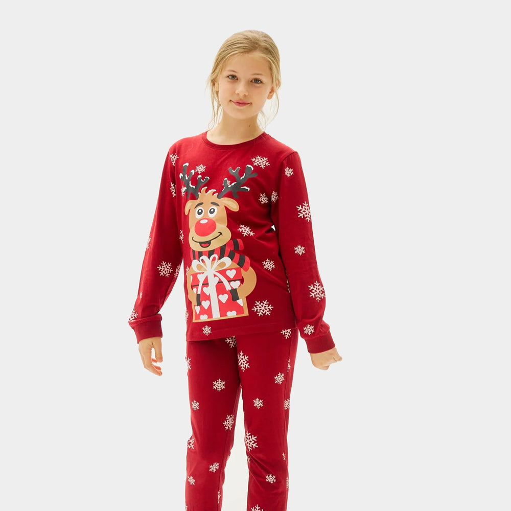 Red Christmas Pyjama Girls Children with Rudolph the Reindeer
