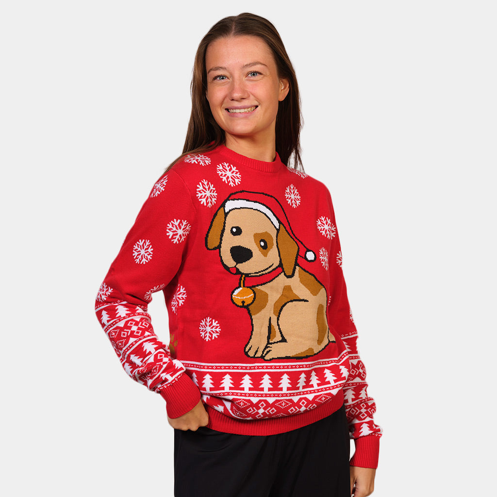 Red Couple's Christmas Jumper with Puppy Women's