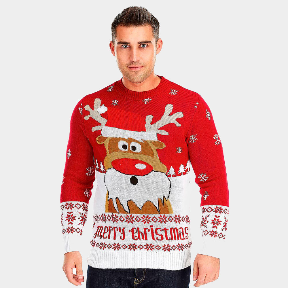 mens Red Couple's Christmas Jumper with Reindeer