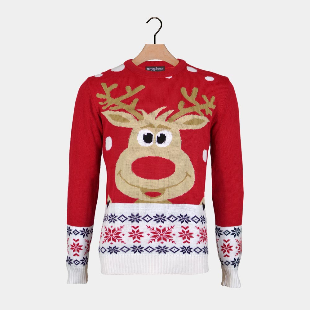 Red Couple's Christmas Jumper with Reindeer and Snow