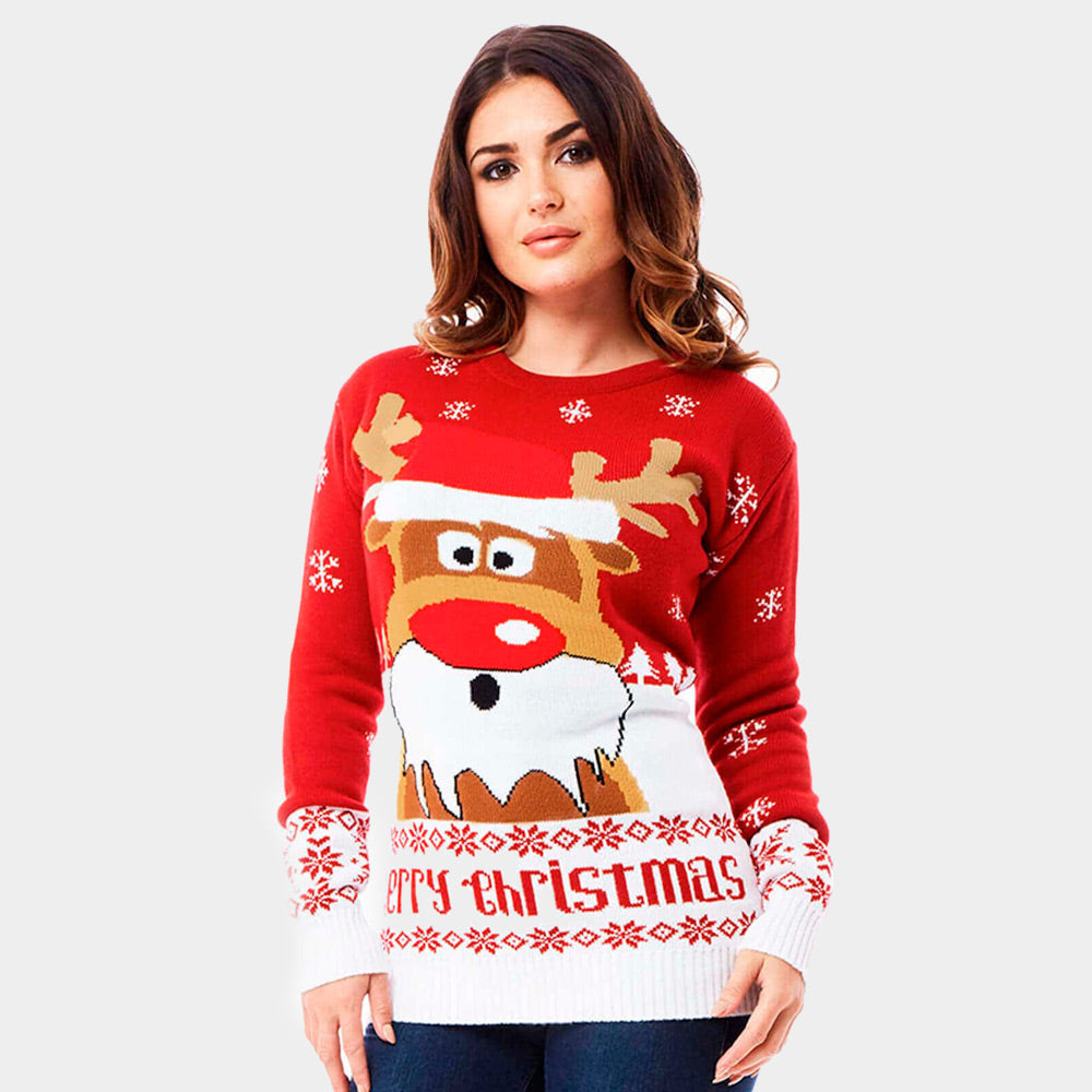 womens Red Couple's Christmas Jumper with Reindeer