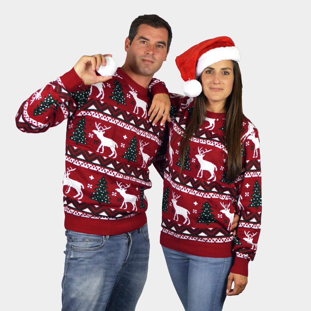 Red Couple's Christmas Jumper with Reindeers and Christmas Trees