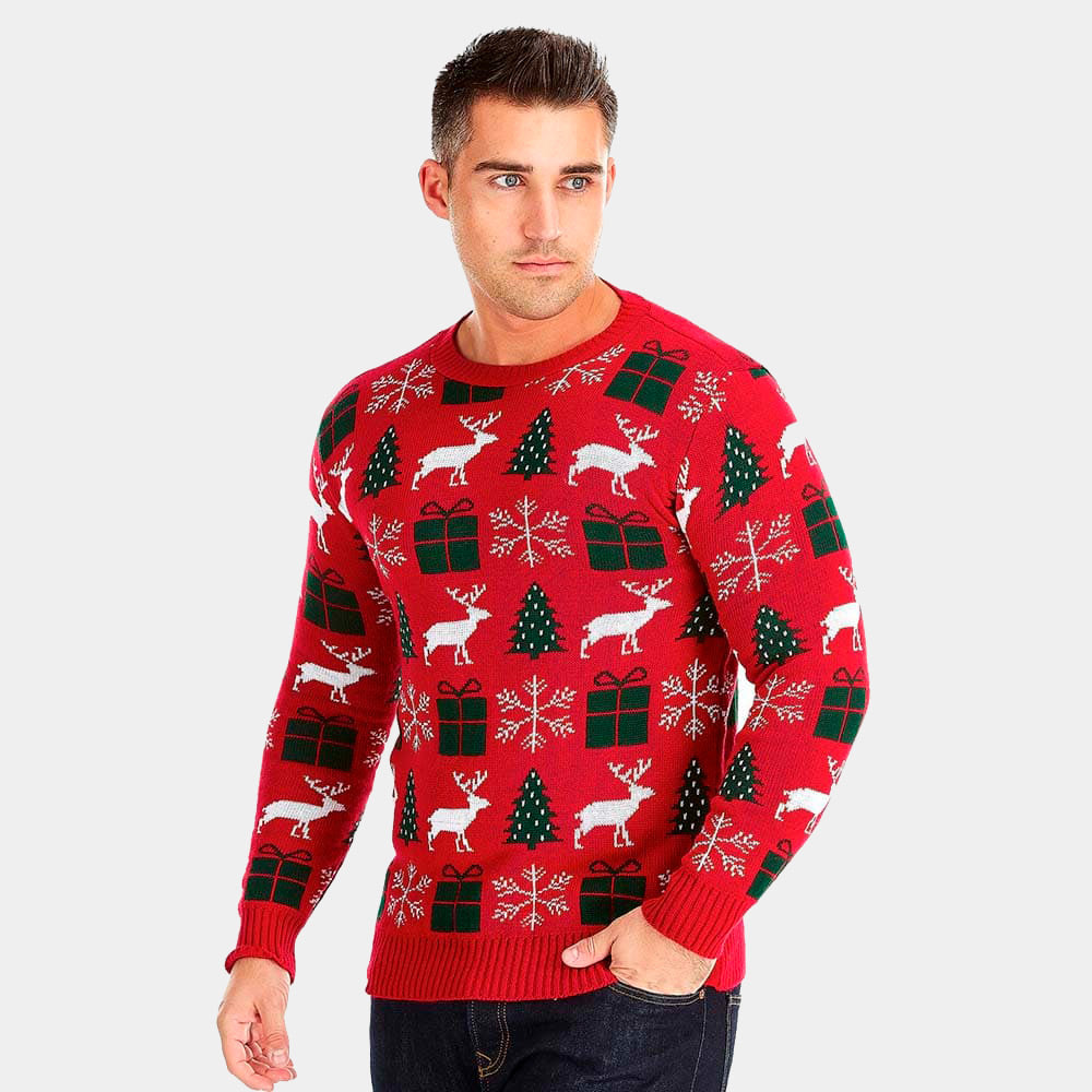 mens Red Couple's Christmas Jumper with Reindeers, Gifts and Trees