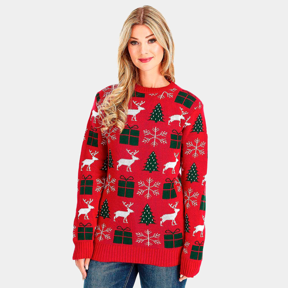 Red Couple's Christmas Jumper with Reindeers, Gifts and Trees womens