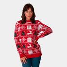 womens Red Couple's Christmas Jumper with Reindeers, Trees and Gifts