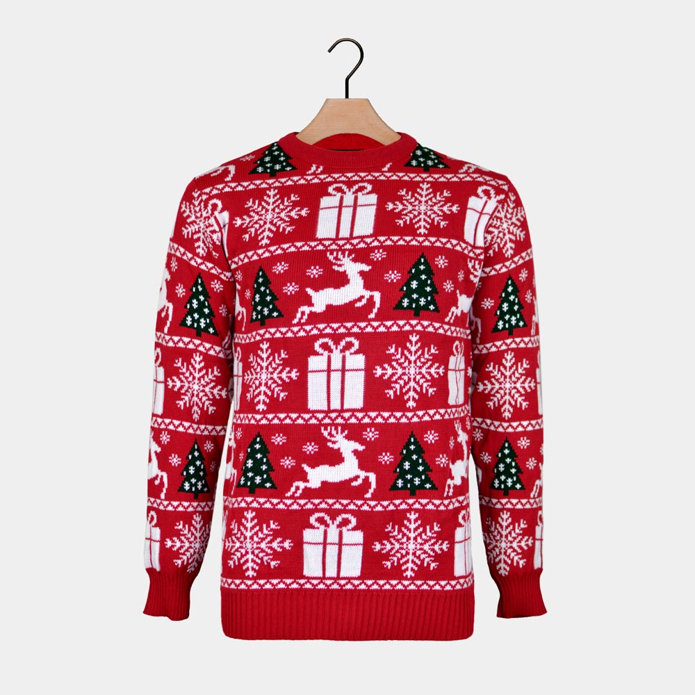 Red Couple's Christmas Jumper with Reindeers, Trees and Gifts