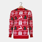 Red Couple's Christmas Jumper with Reindeers, Trees and Gifts