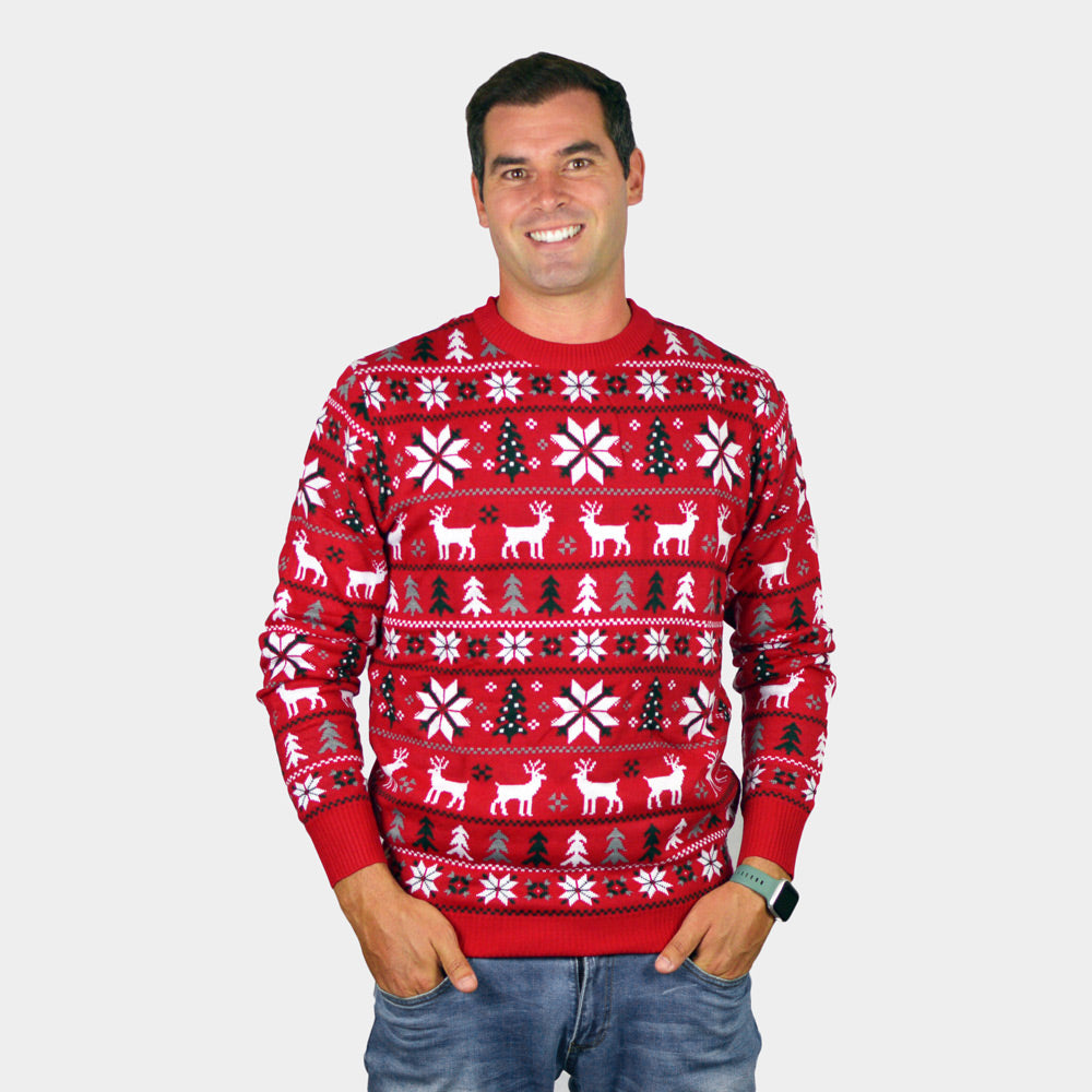 Red Couple's Christmas Jumper with Reindeers, Trees and Polar Star mens