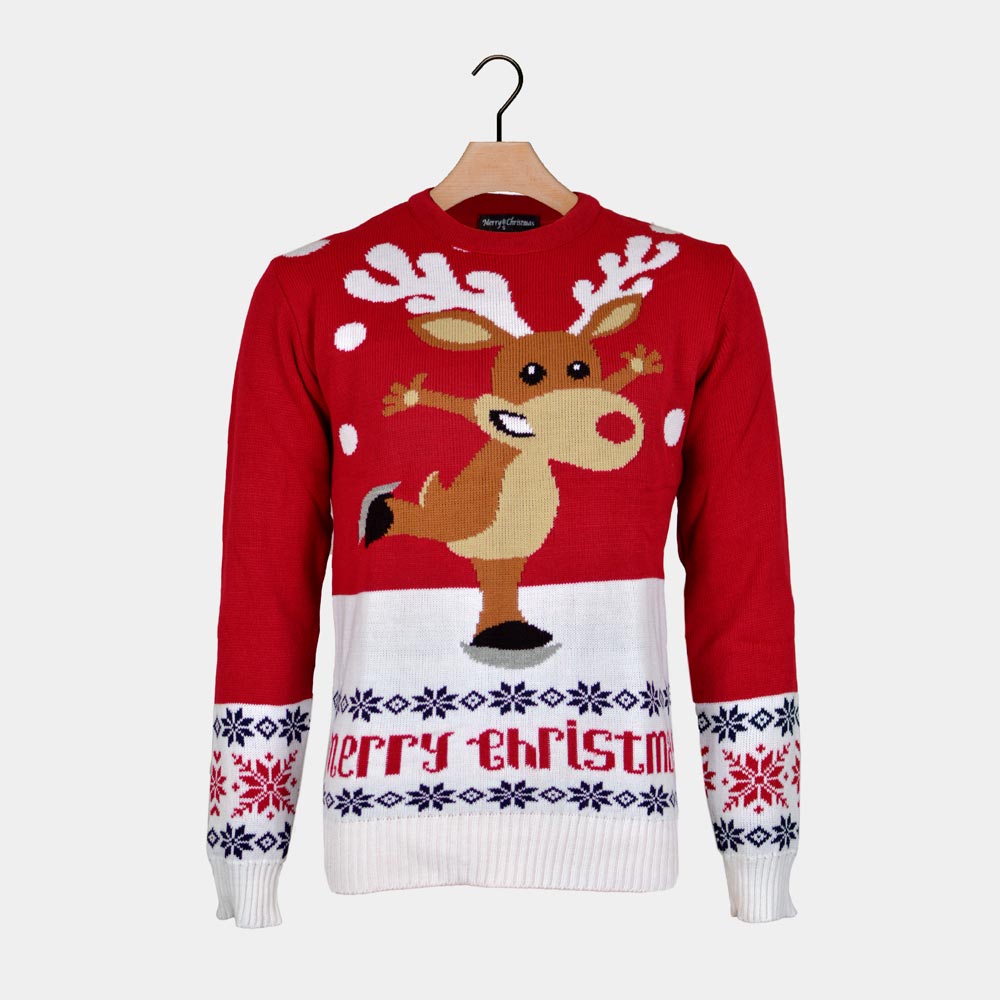 Red Couple's Christmas Jumper with Skating Reindeer