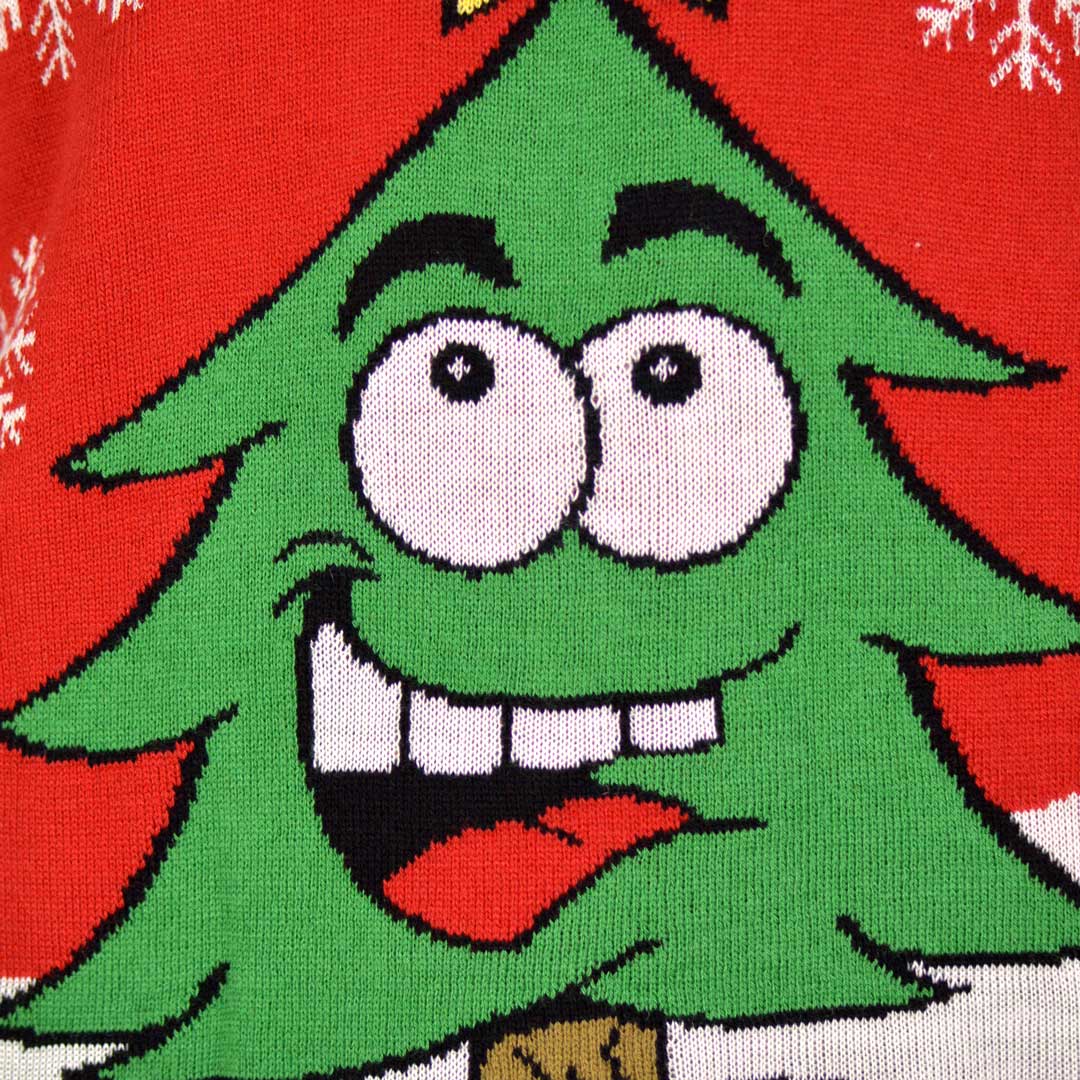 Red Couple's Christmas Jumper with Smiling Christmas Tree detail