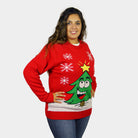 Red Couple's Christmas Jumper with Smiling Christmas Tree womens