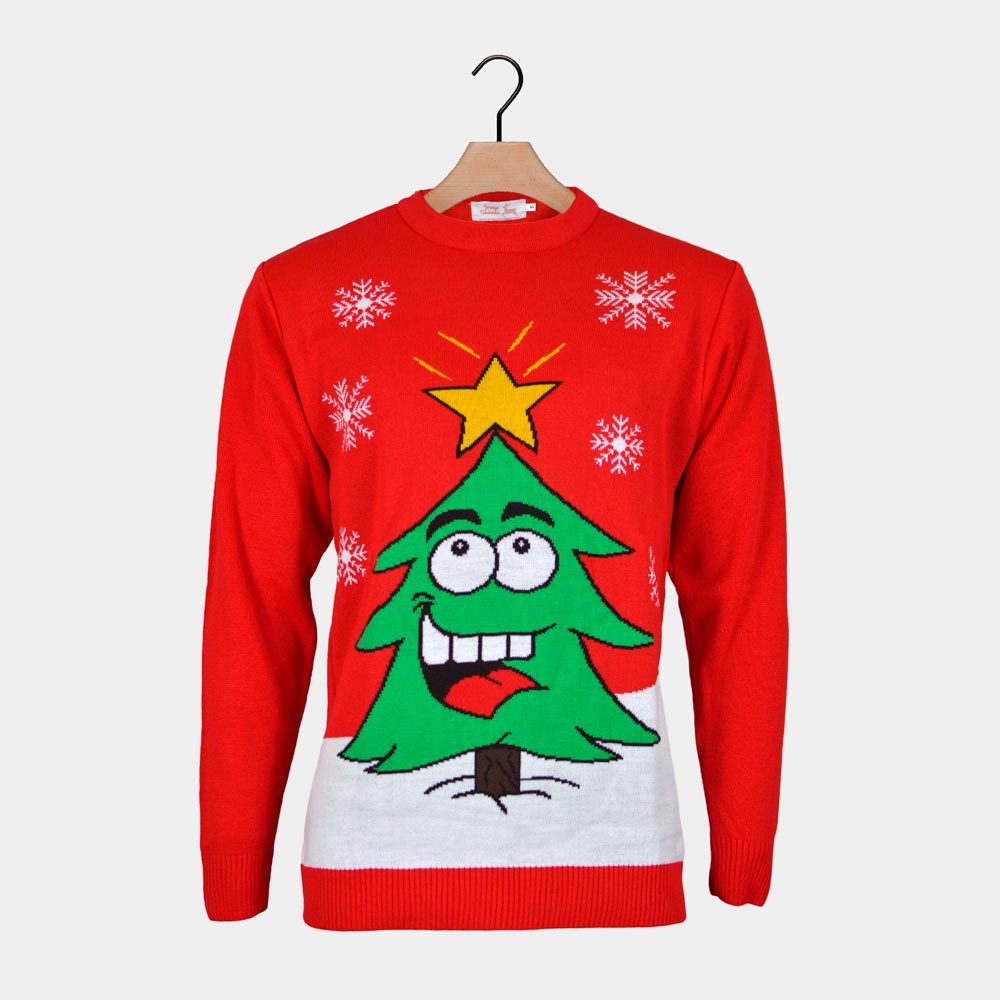 Red Couple's Christmas Jumper with Smiling Christmas Tree