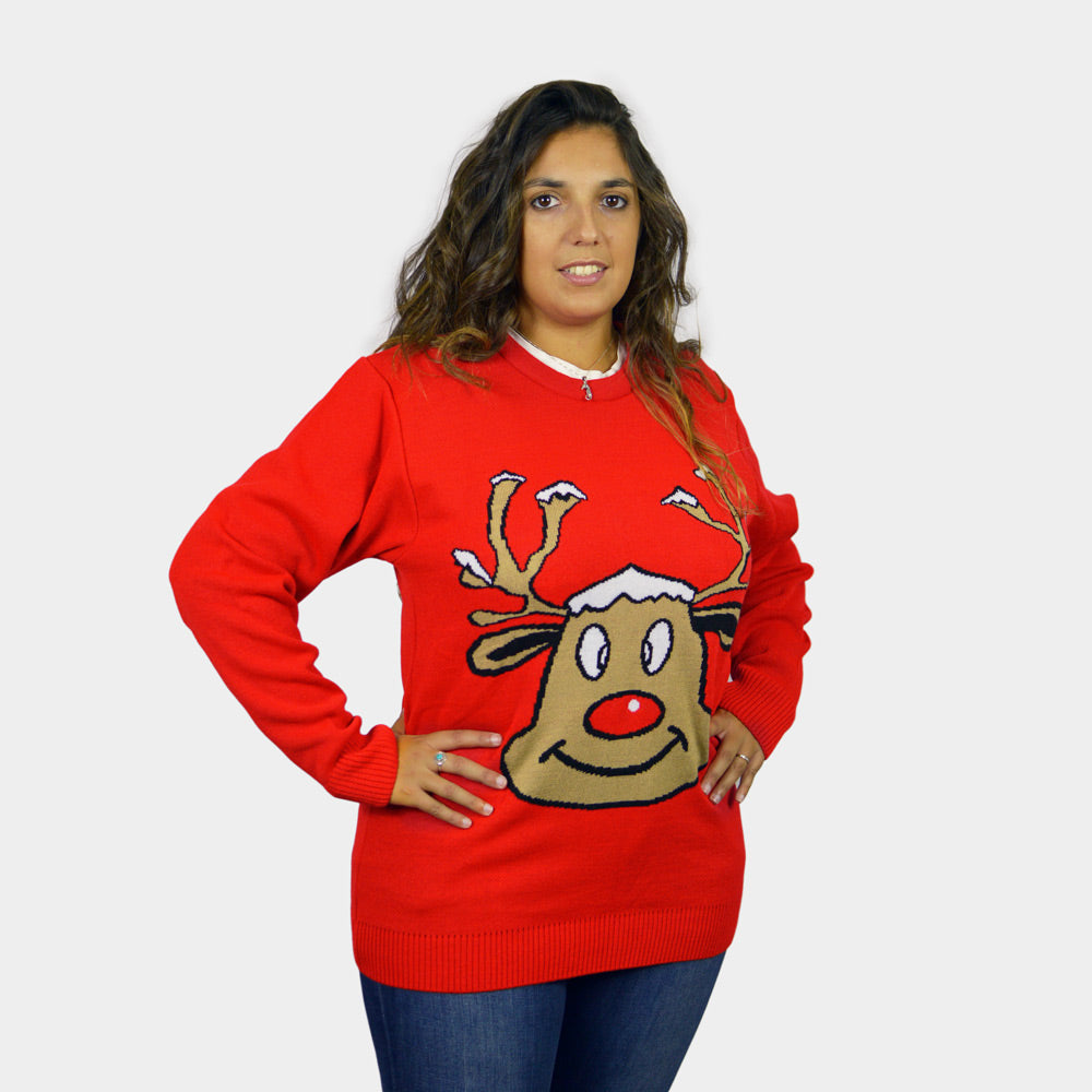 Red Couple's Christmas Jumper with Smiling Reindeer womens