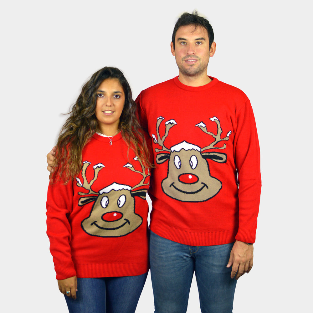 Red Couple's Christmas Jumper with Smiling Reindeer