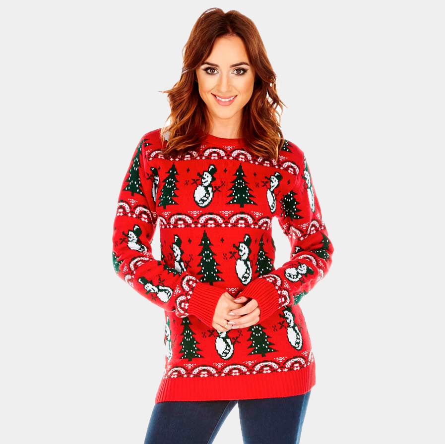 womens Red Couple's Christmas Jumper with Trees and Snowmens