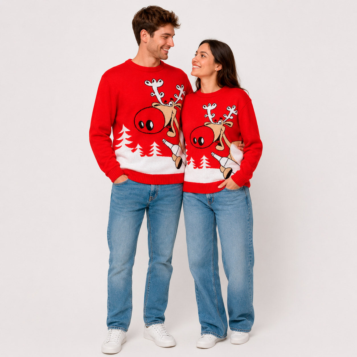 Red Family Christmas Jumper Reindeer with a Beer Couple
