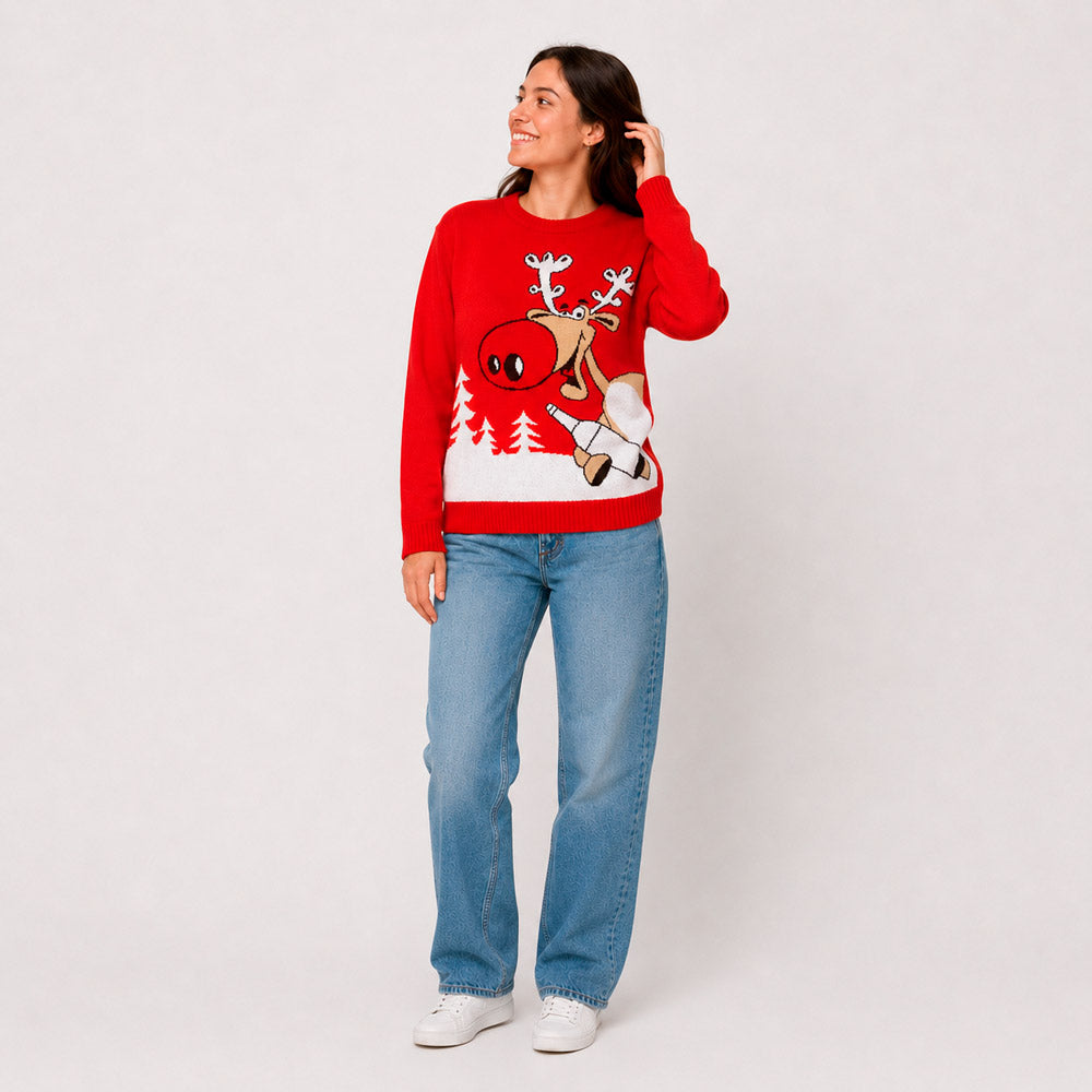 Red Family Christmas Jumper Reindeer with a Beer Women
