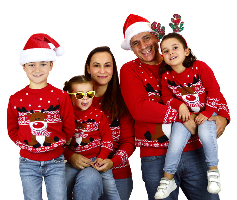 Red Family Christmas Jumper with Rudolph the Happy Reindeer