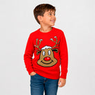 Red Family Christmas Jumper with Smiling Reindeer Boy

