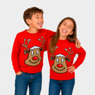 Red Family Christmas Jumper with Smiling Reindeer Children
