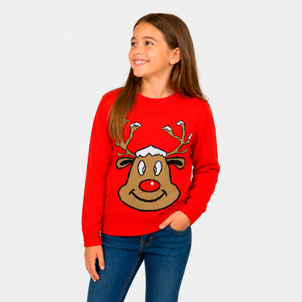 Red Family Christmas Jumper with Smiling Reindeer Girl