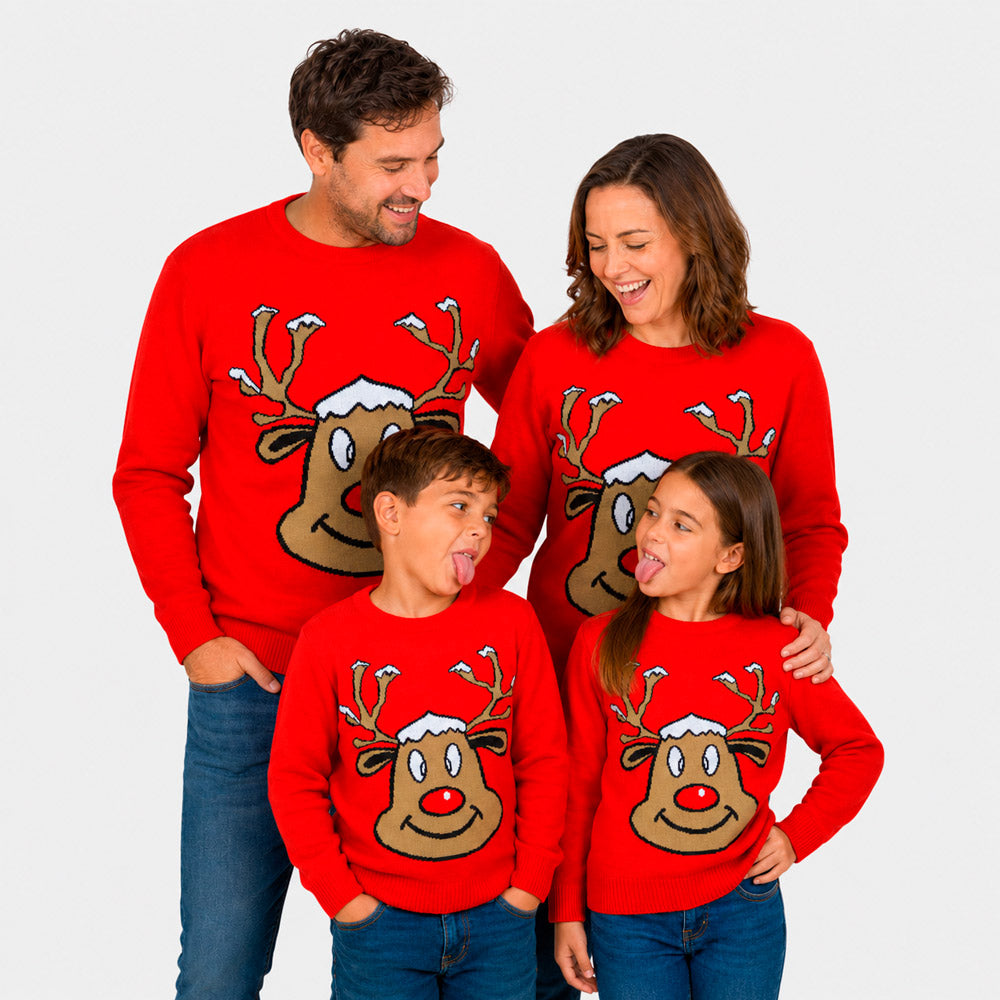 Red Family Christmas Jumper with Smiling Reindeer
