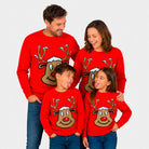 Red Family Christmas Jumper with Smiling Reindeer
