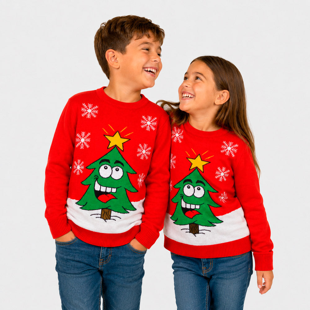 Red Family Christmas Jumper with Smiling Tree Children