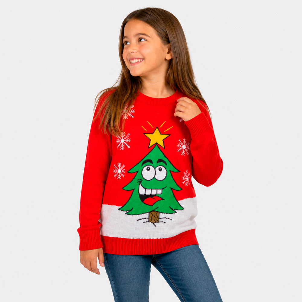 Red Family Christmas Jumper with Smiling Tree Girl
