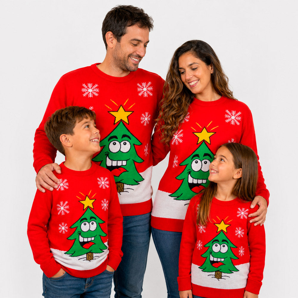 Red Family Christmas Jumper with Smiling Tree
