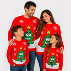Red Family Christmas Jumper with Smiling Tree
